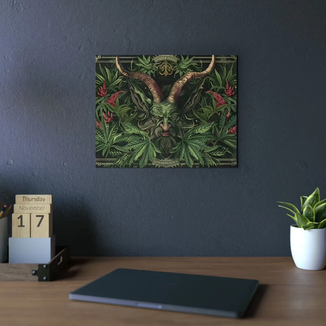 Cannabis Leaf Devil Face: Dark Botanical Horns - Metal Poster