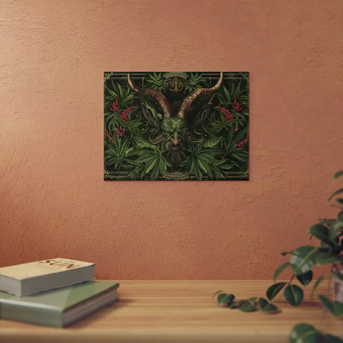 Cannabis Leaf Devil Face: Dark Botanical Horns - Metal Poster