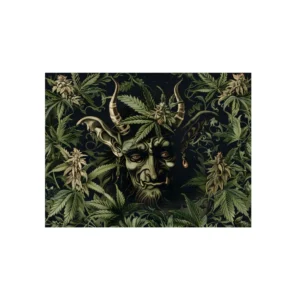 Horned Figure Among Cannabis Leaves Metal Poster