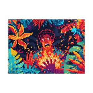 Startled Man Among Tropical Leaves Poster