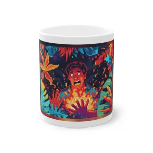 Startled Man Among Tropical Leaves Mug