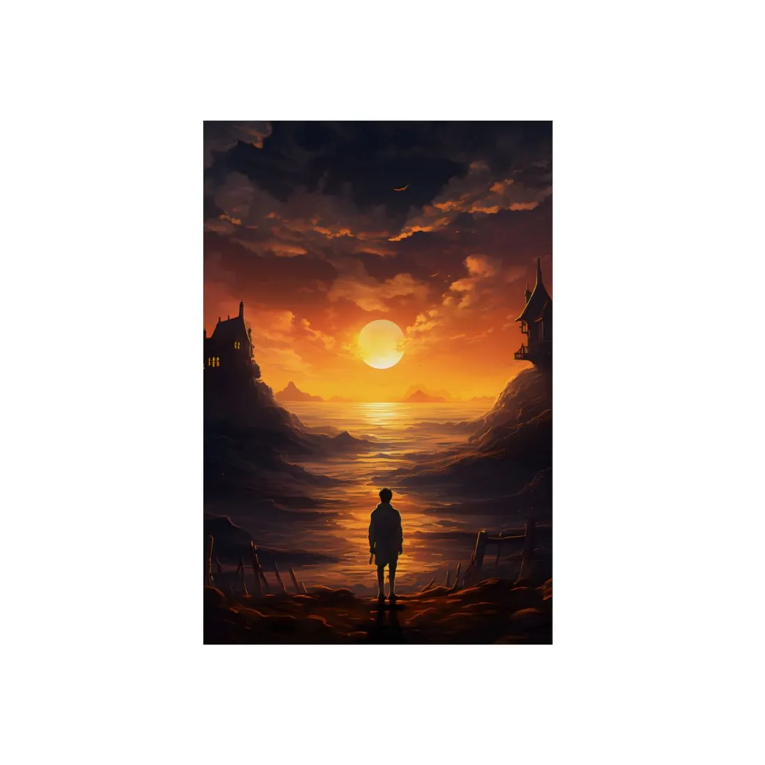 Castle at Sunset: Golden Water Reflection Landscape - Metal Poster