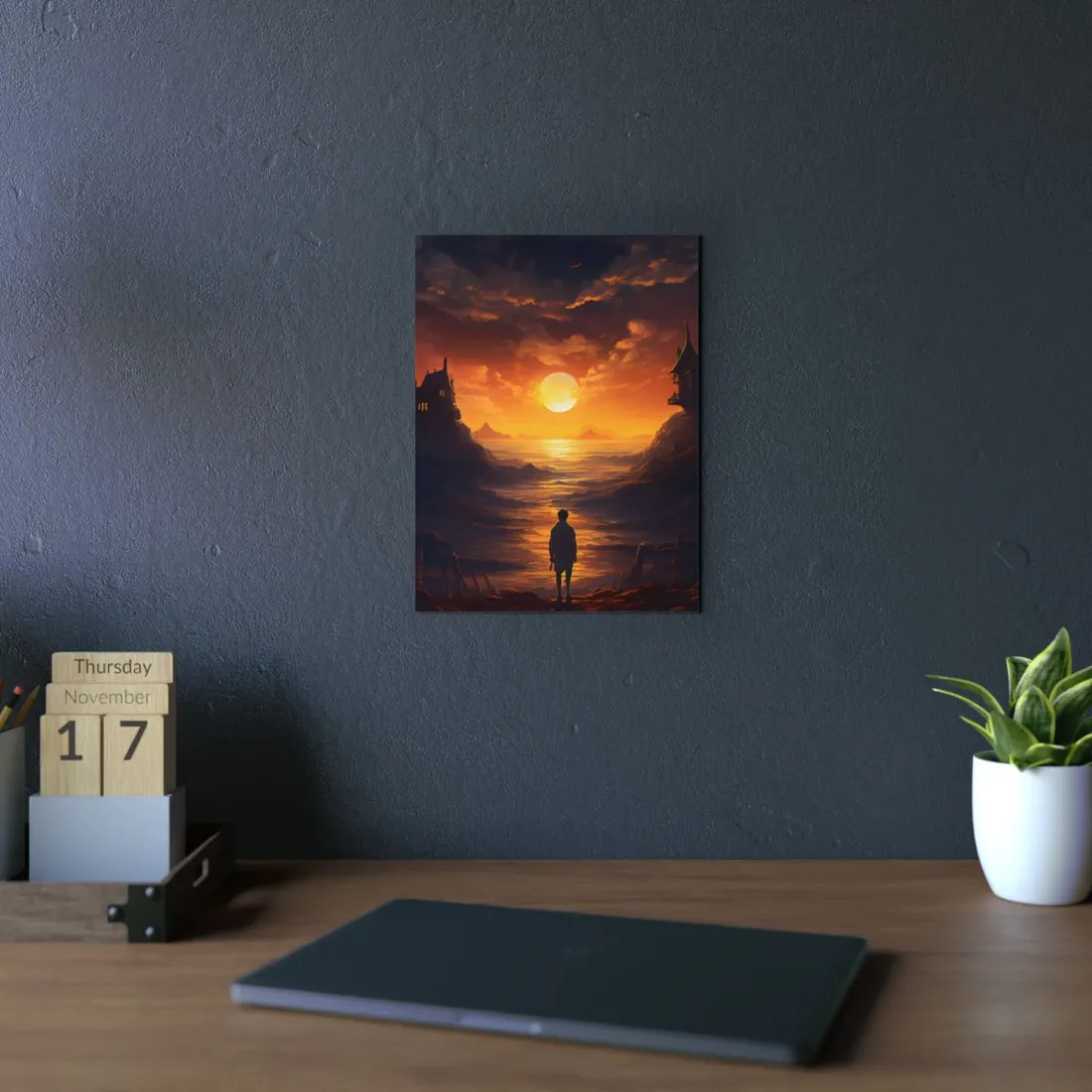 Castle at Sunset: Golden Water Reflection Landscape - Metal Poster