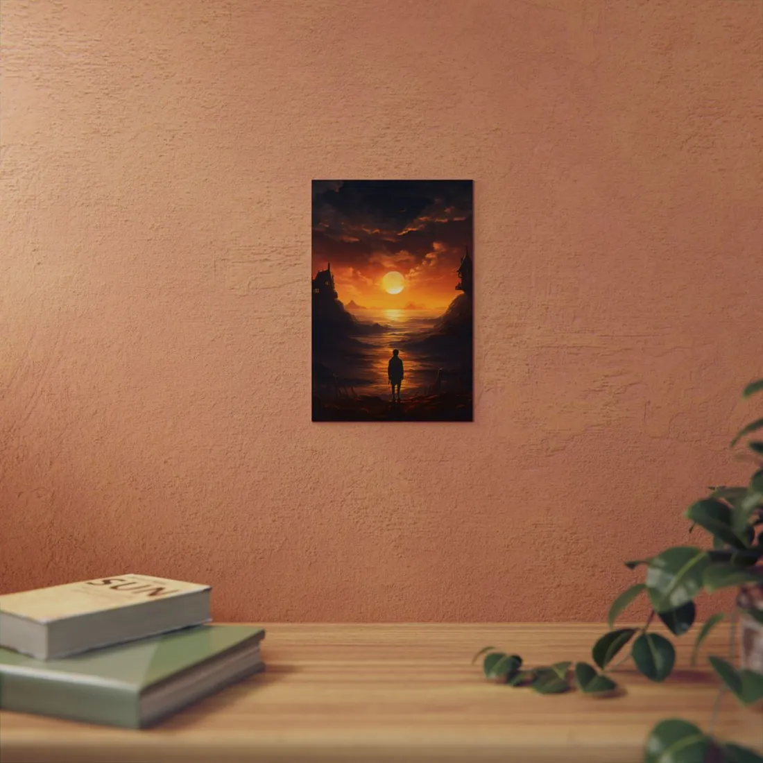 Castle at Sunset: Golden Water Reflection Landscape - Metal Poster