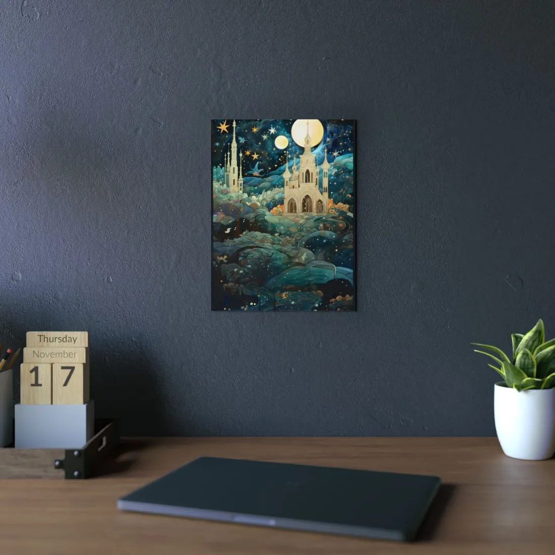Castle on the Hill: Starry Night Fantasy Landscape - Metal Poster