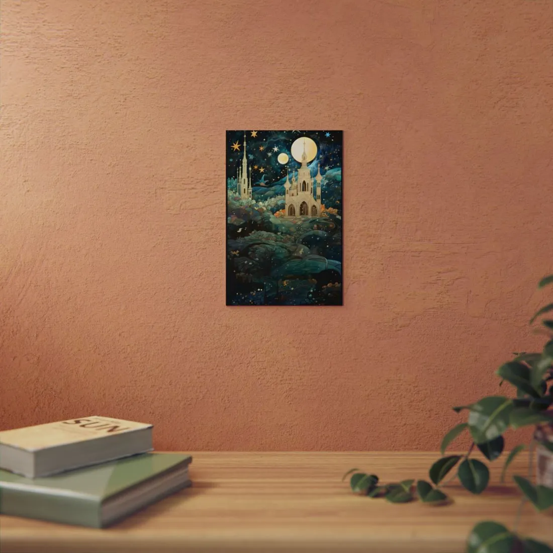 Castle on the Hill: Starry Night Fantasy Landscape - Metal Poster