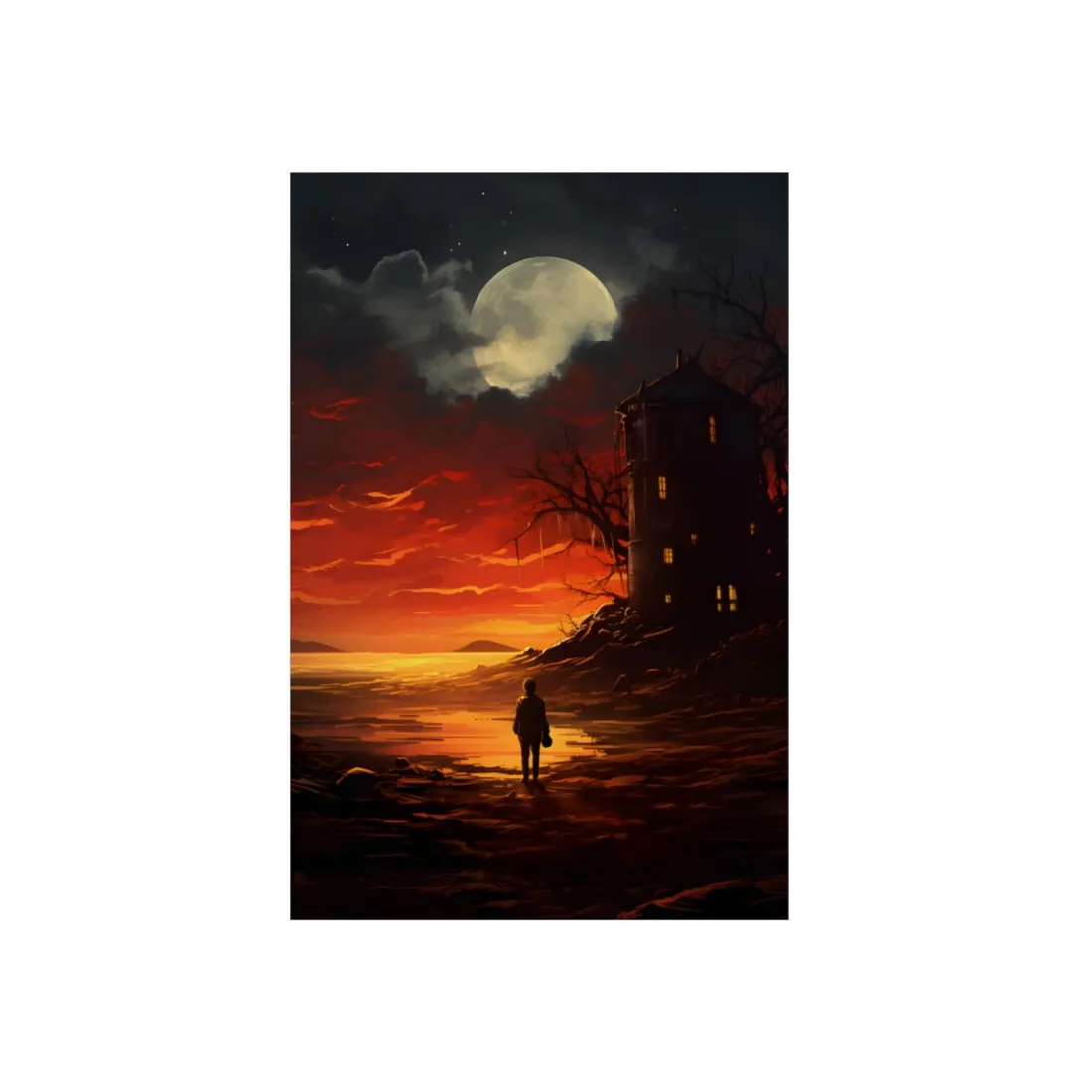 Castle Tower Under a Red Sky: Dramatic Fantasy Landscape - Metal Poster