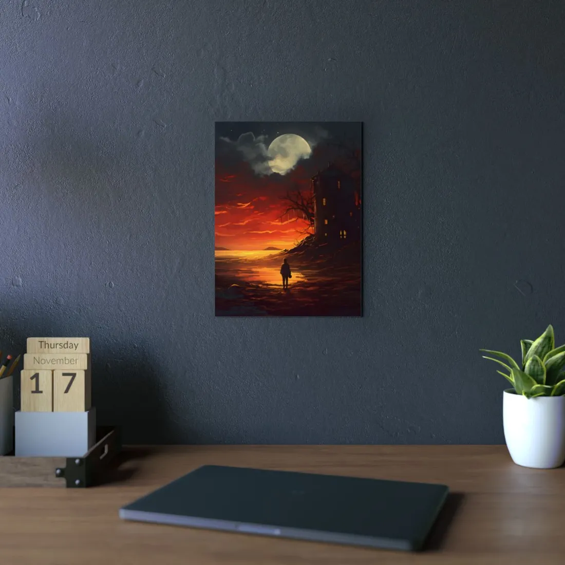 Castle Tower Under a Red Sky: Dramatic Fantasy Landscape - Metal Poster
