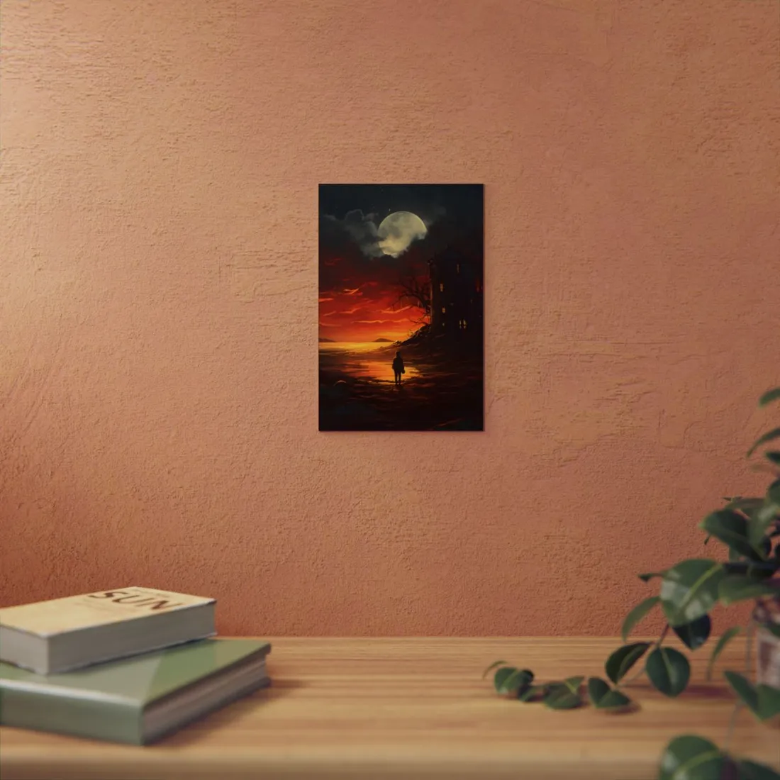 Castle Tower Under a Red Sky: Dramatic Fantasy Landscape - Metal Poster