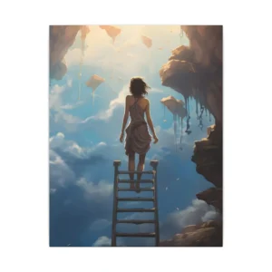 Woman Climbing Ladder into Clouds Canvas Print