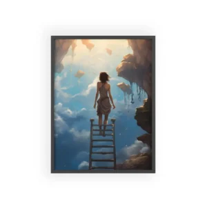 Woman Climbing Ladder into Clouds Framed Poster