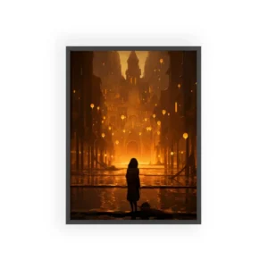 Lone Figure in Glowing City Framed Poster