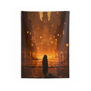 Lone Figure in Glowing City Wall Tapestry