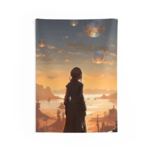 Figure Overlooking Floating Moons Wall Tapestry