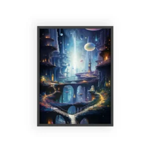 Fantasy City with Floating Orbs Framed Poster