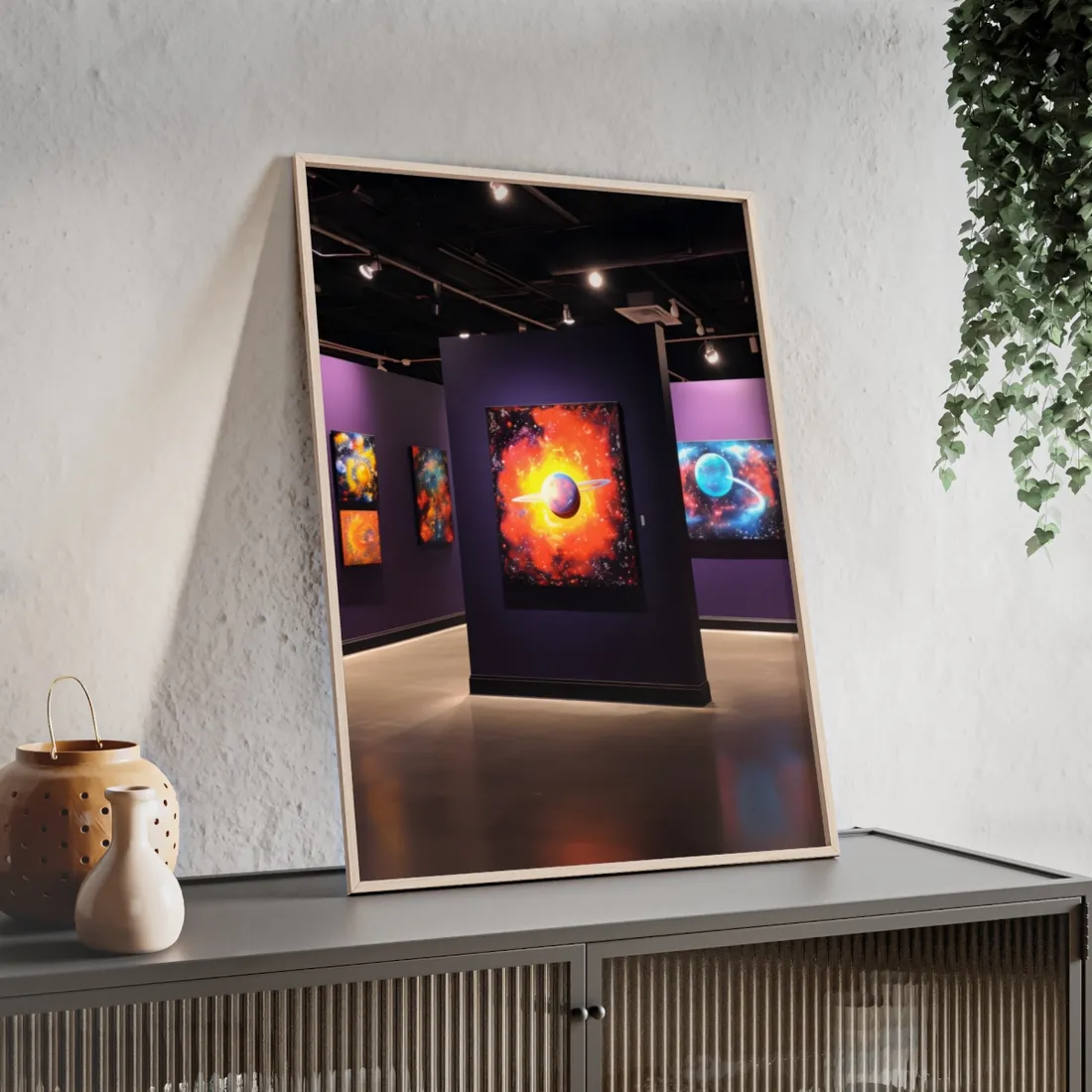 Celestial Art Gallery: Indoor Space with Dark-Light Contrast - Framed Poster
