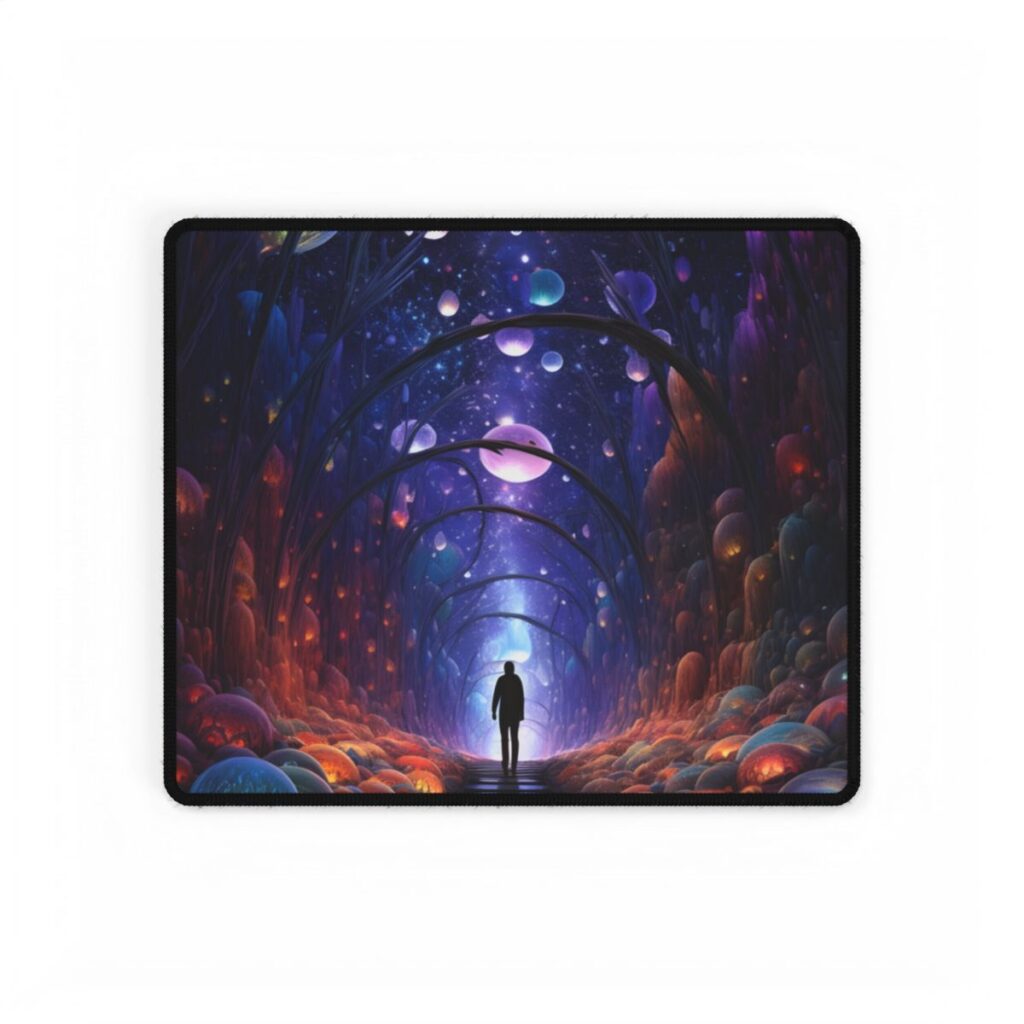 Celestial Art Gallery: Indoor Space with Starry Canvas - Desk Mat