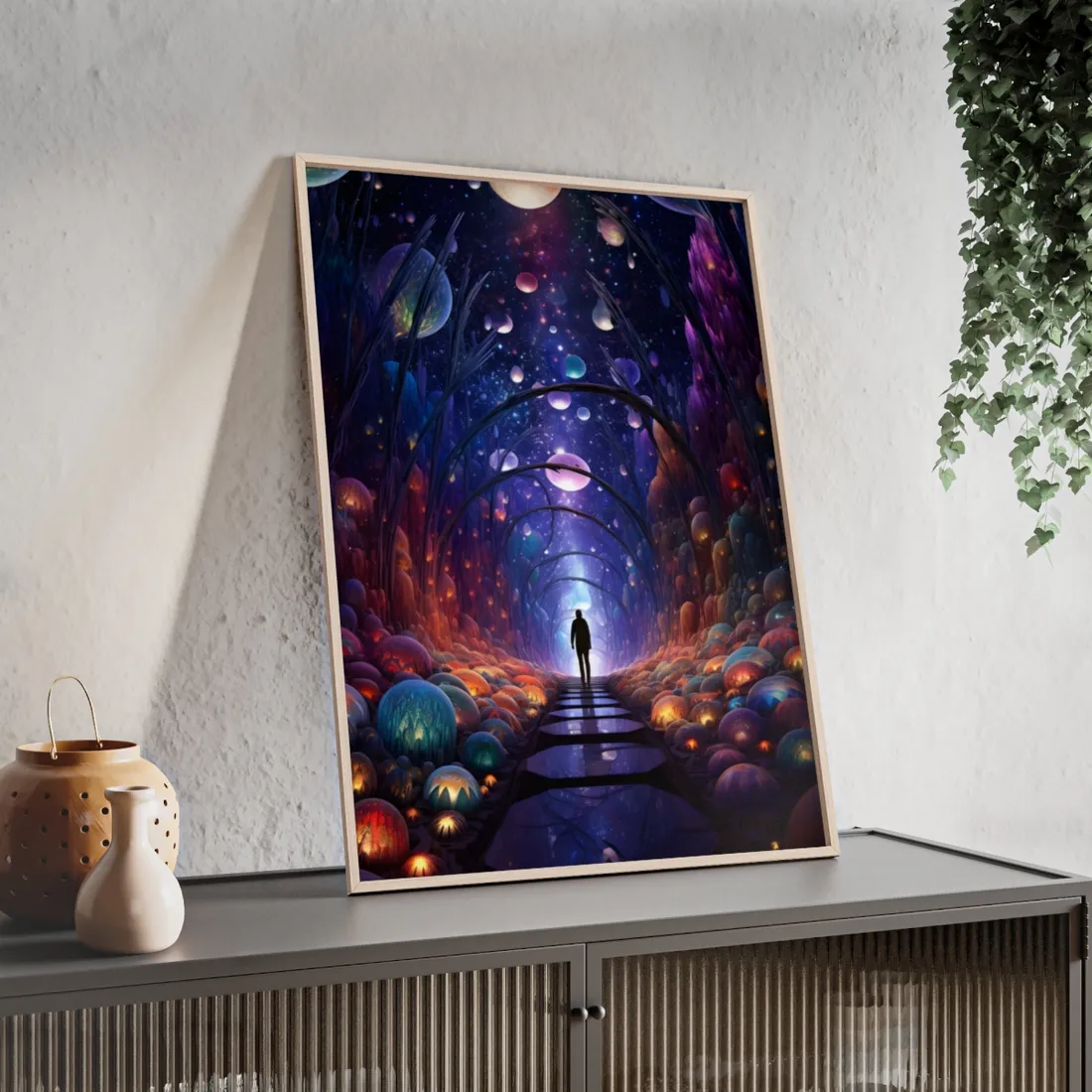 Celestial Art Gallery: Indoor Space with Starry Canvas - Framed Poster