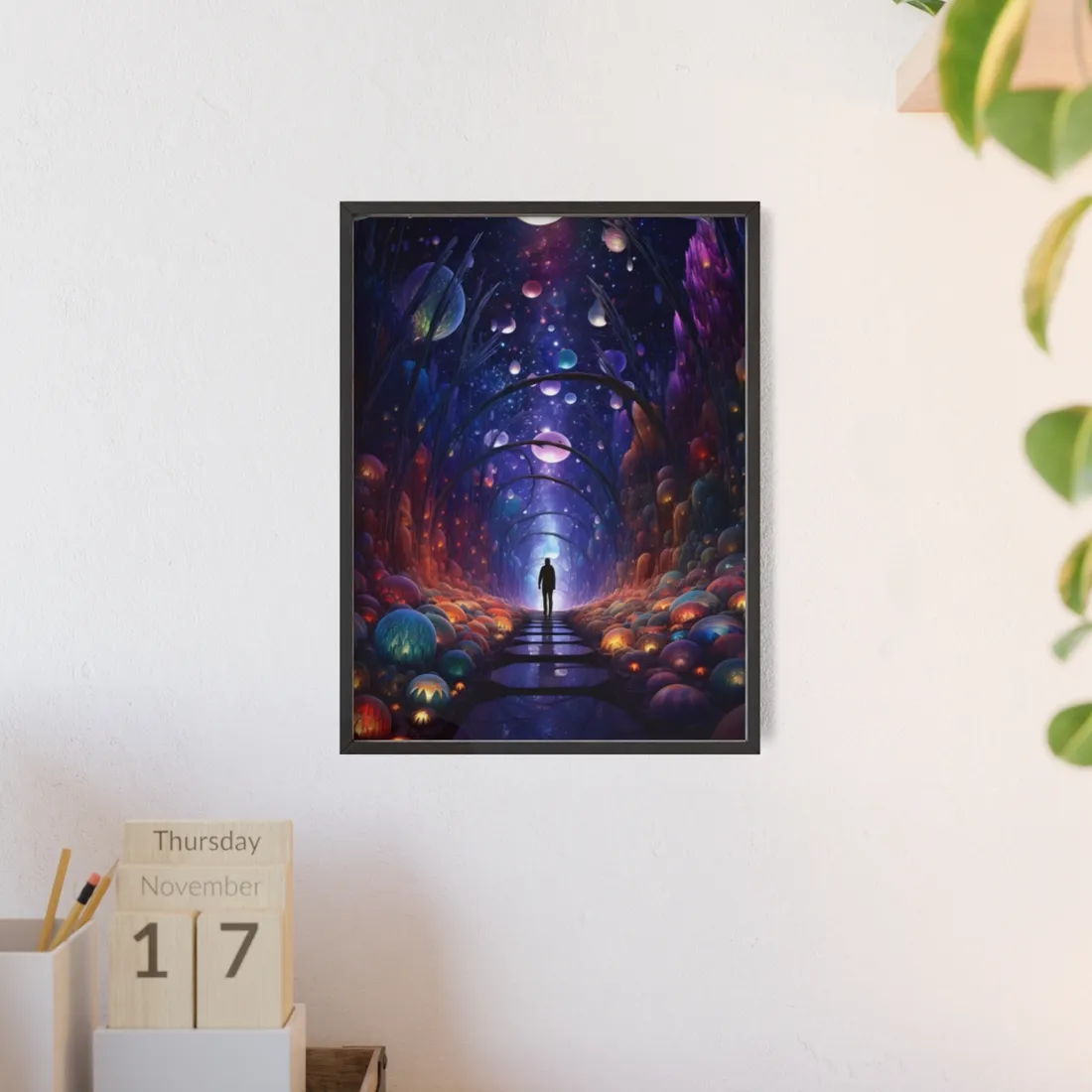 Celestial Art Gallery: Indoor Space with Starry Canvas - Framed Poster