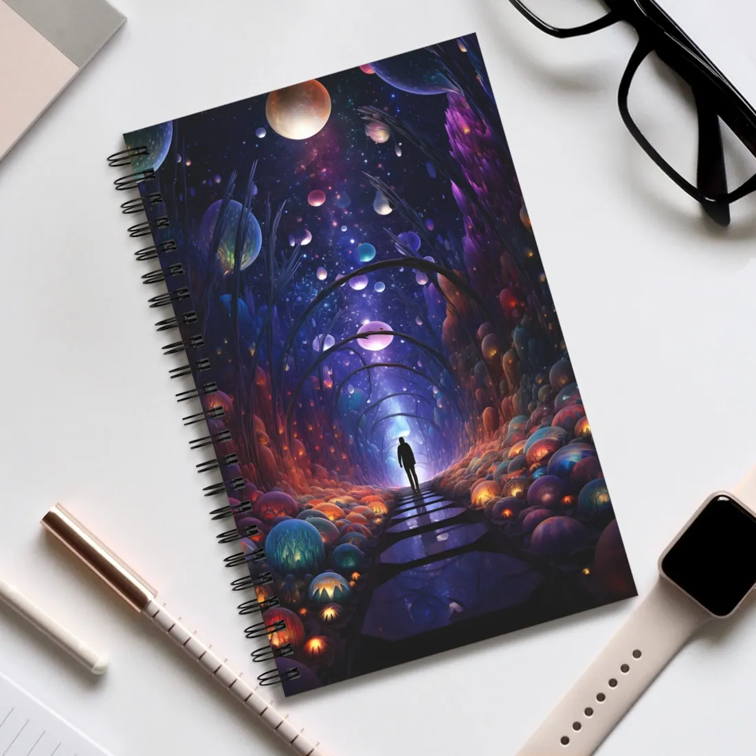 Celestial Art Gallery: Indoor Space with Starry Canvas - Spiral Notebook