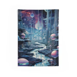 Futuristic City by a River Wall Tapestry