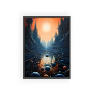 Glowing Sun over Dark Cliffs Framed Poster