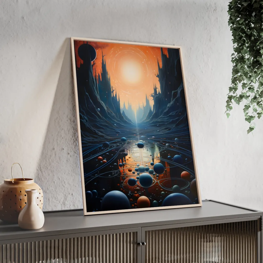 Celestial Art Gallery: Space-Inspired Serenity in a Muted Tone - Framed Poster