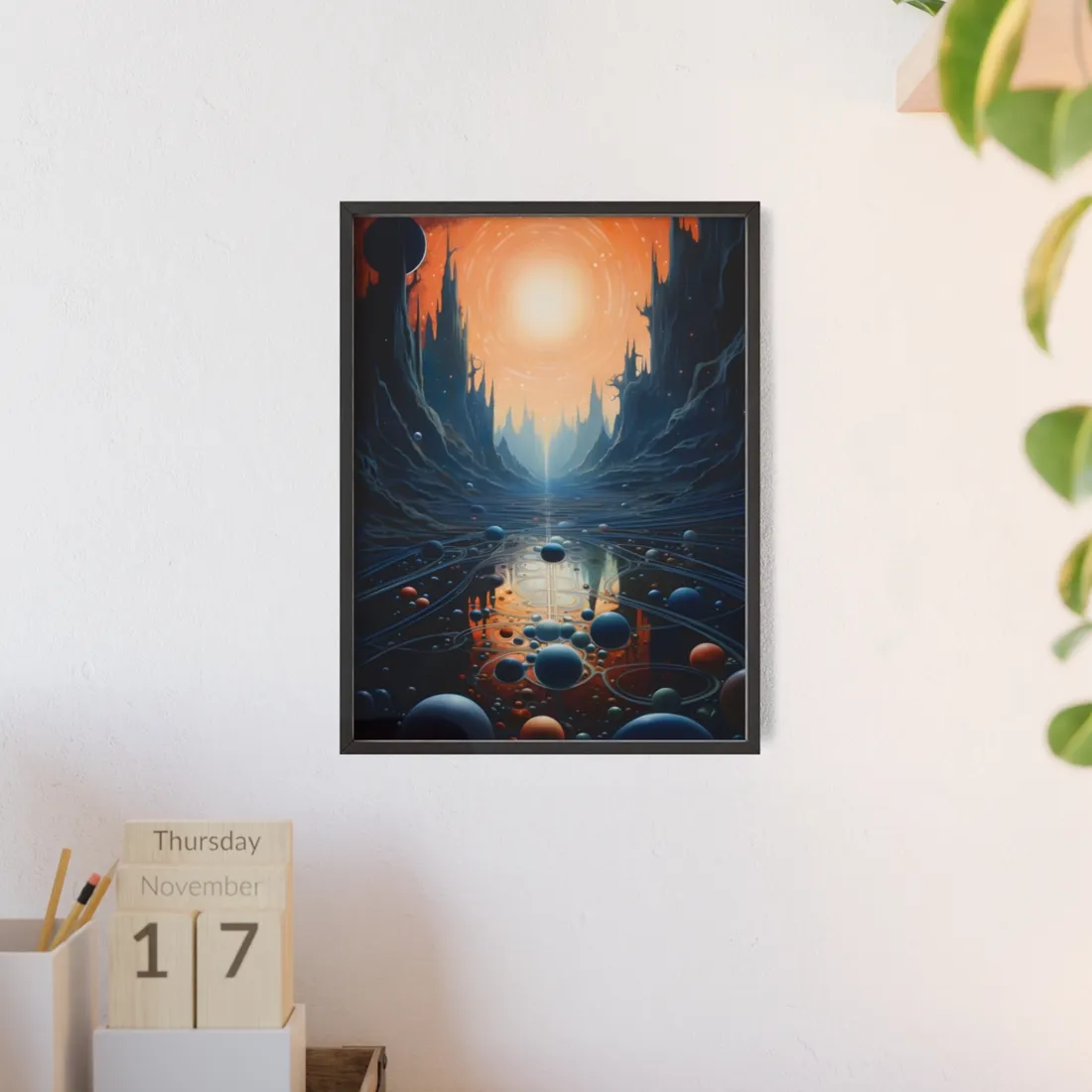 Celestial Art Gallery: Space-Inspired Serenity in a Muted Tone - Framed Poster