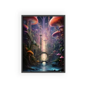 Glowing Mushroom Fantasy City Framed Poster