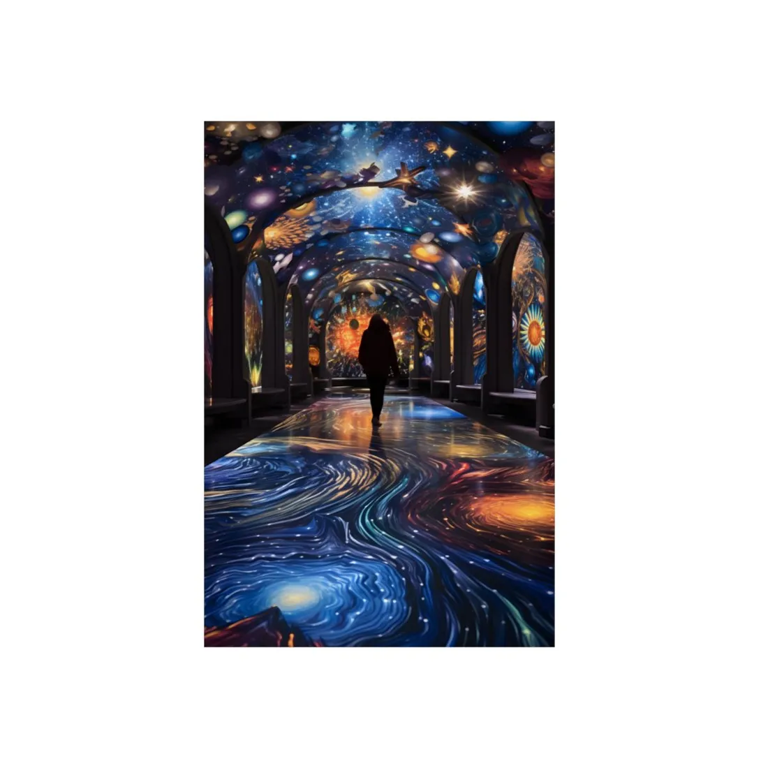 Celestial Art Gallery: Vibrant Space-Themed Artwork in a Colorful Interior - Metal Poster