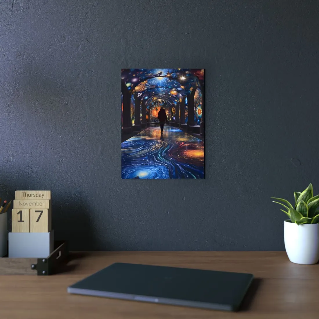 Celestial Art Gallery: Vibrant Space-Themed Artwork in a Colorful Interior - Metal Poster