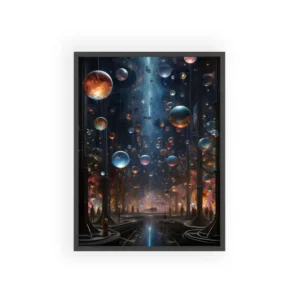 Glowing Spheres Floating in Hall Framed Poster