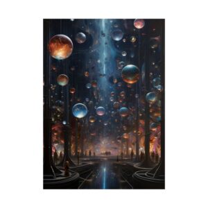 Glowing Spheres Floating in Hall Poster