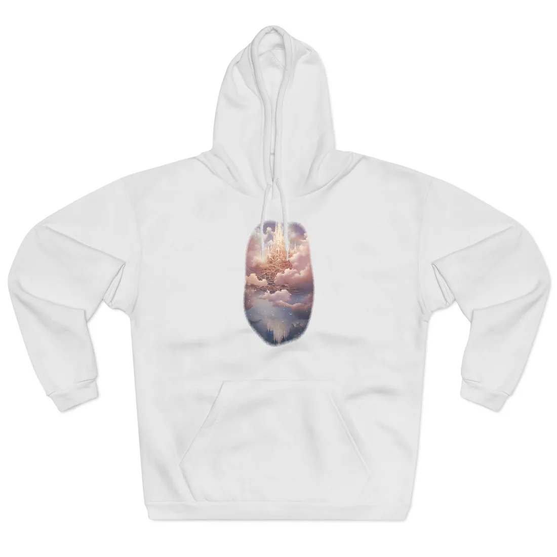 Golden castle spires rise above pink clouds, reflected in calm blue water below – Hoodie, white