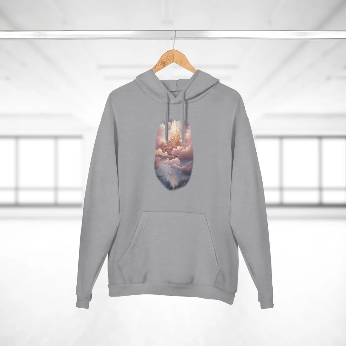 Golden castle spires rise above pink clouds, reflected in calm blue water below – Hoodie, heather grey