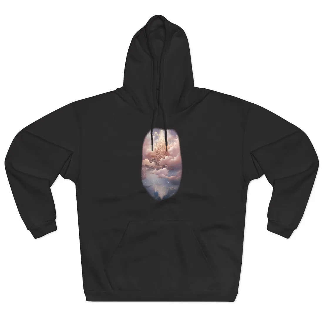 Golden castle spires rise above pink clouds, reflected in calm blue water below – Hoodie, black