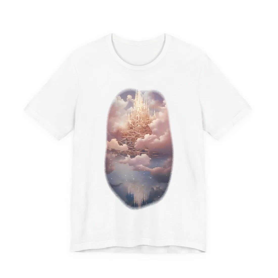 Golden castle spires rise above pink clouds, reflected in calm blue water below – T-Shirt, white