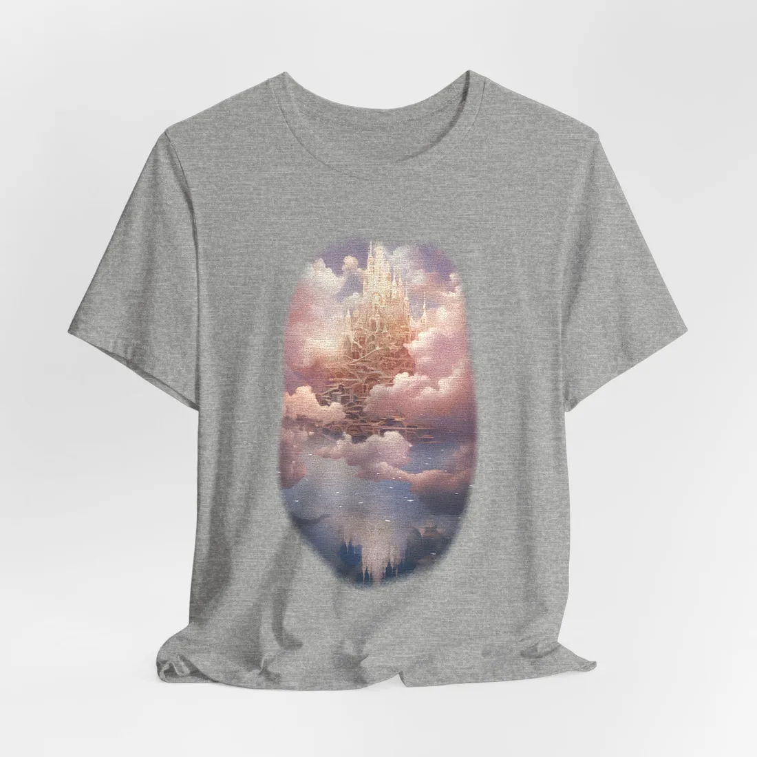 Golden castle spires rise above pink clouds, reflected in calm blue water below – T-Shirt, athletic heather