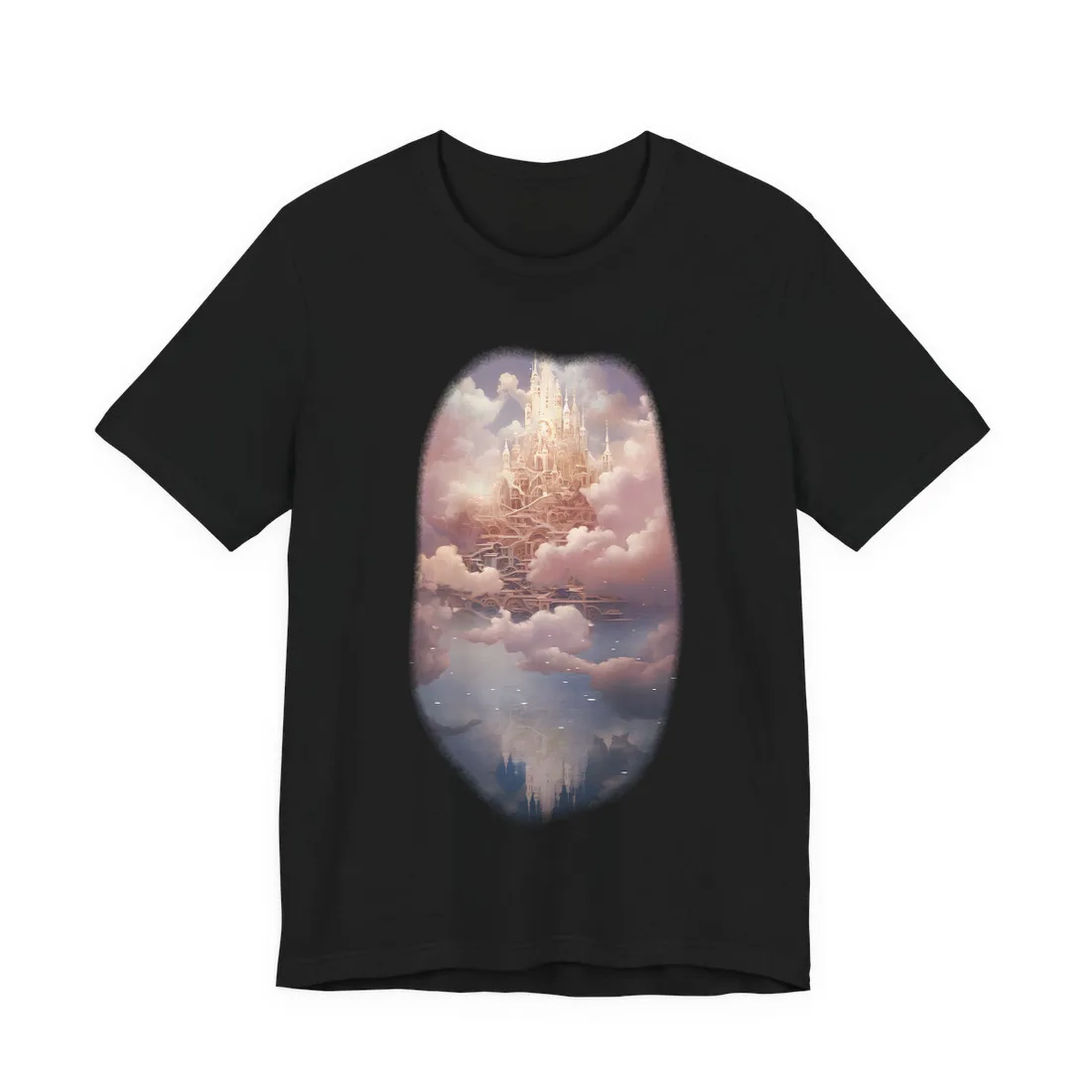 Golden castle spires rise above pink clouds, reflected in calm blue water below – T-Shirt, black