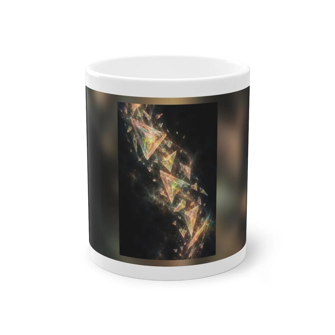 Iridescent triangular crystal shards drifting diagonally through a glowing nebula against a black starry backgr – Mug, view 1