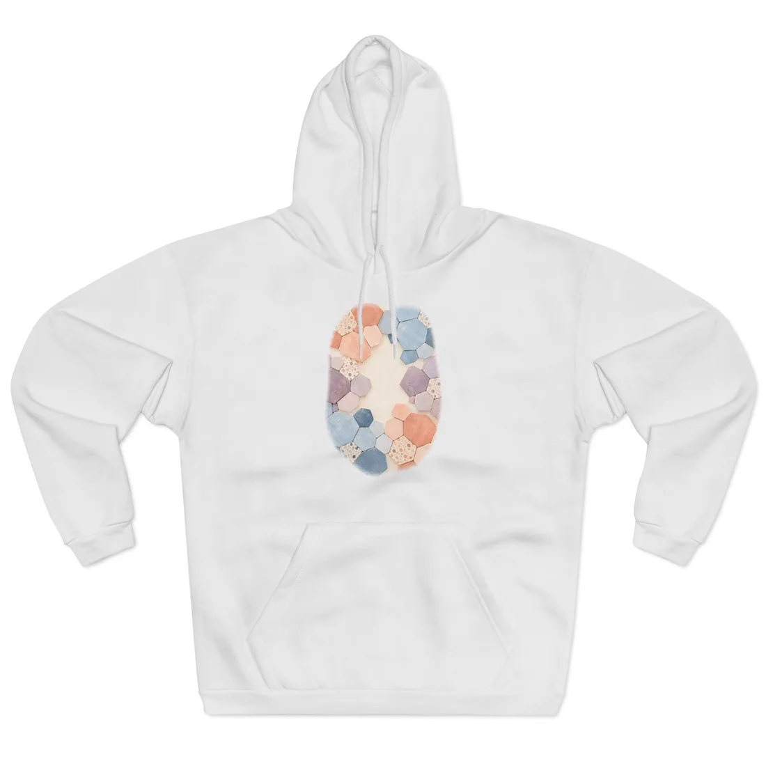 Pastel hexagonal tiles in blue, peach, and lilac framing a open cream center, some speckled with dots – Hoodie, view 1
