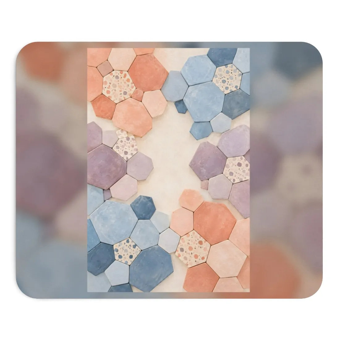 Pastel hexagonal tiles in blue, peach, and lilac framing a open cream center, some speckled with dots – Mouse Pad, view 1