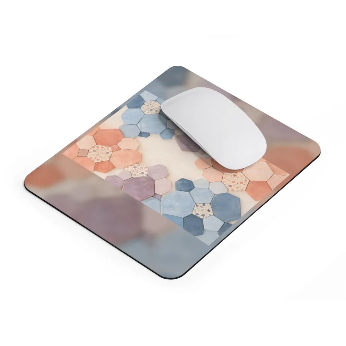 Pastel hexagonal tiles in blue, peach, and lilac framing a open cream center, some speckled with dots – Mouse Pad, view 2