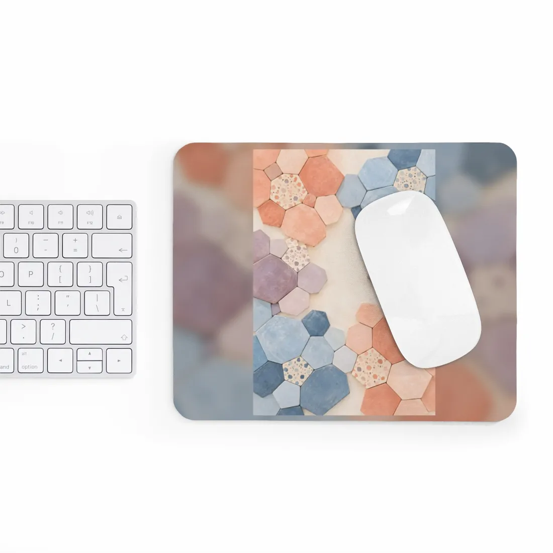 Pastel hexagonal tiles in blue, peach, and lilac framing a open cream center, some speckled with dots – Mouse Pad, view 3