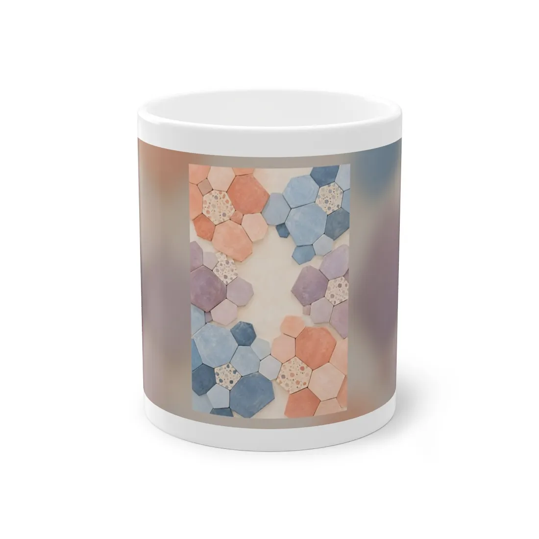 Pastel hexagonal tiles in blue, peach, and lilac framing a open cream center, some speckled with dots – Mug, view 1