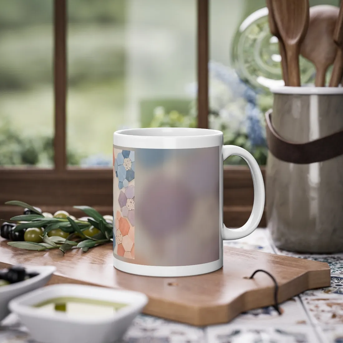 Pastel hexagonal tiles in blue, peach, and lilac framing a open cream center, some speckled with dots – Mug, view 2
