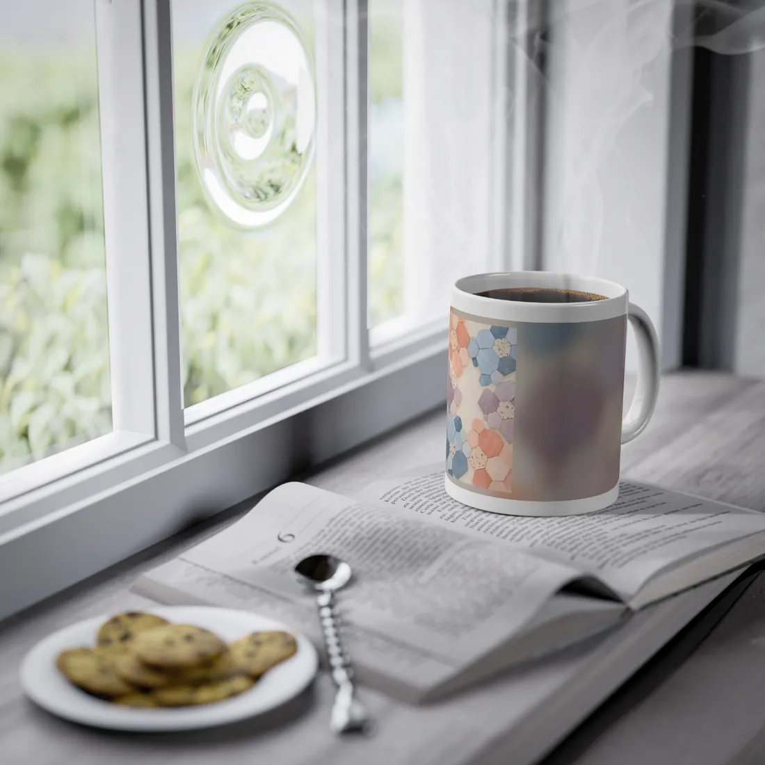 Pastel hexagonal tiles in blue, peach, and lilac framing a open cream center, some speckled with dots – Mug, view 3
