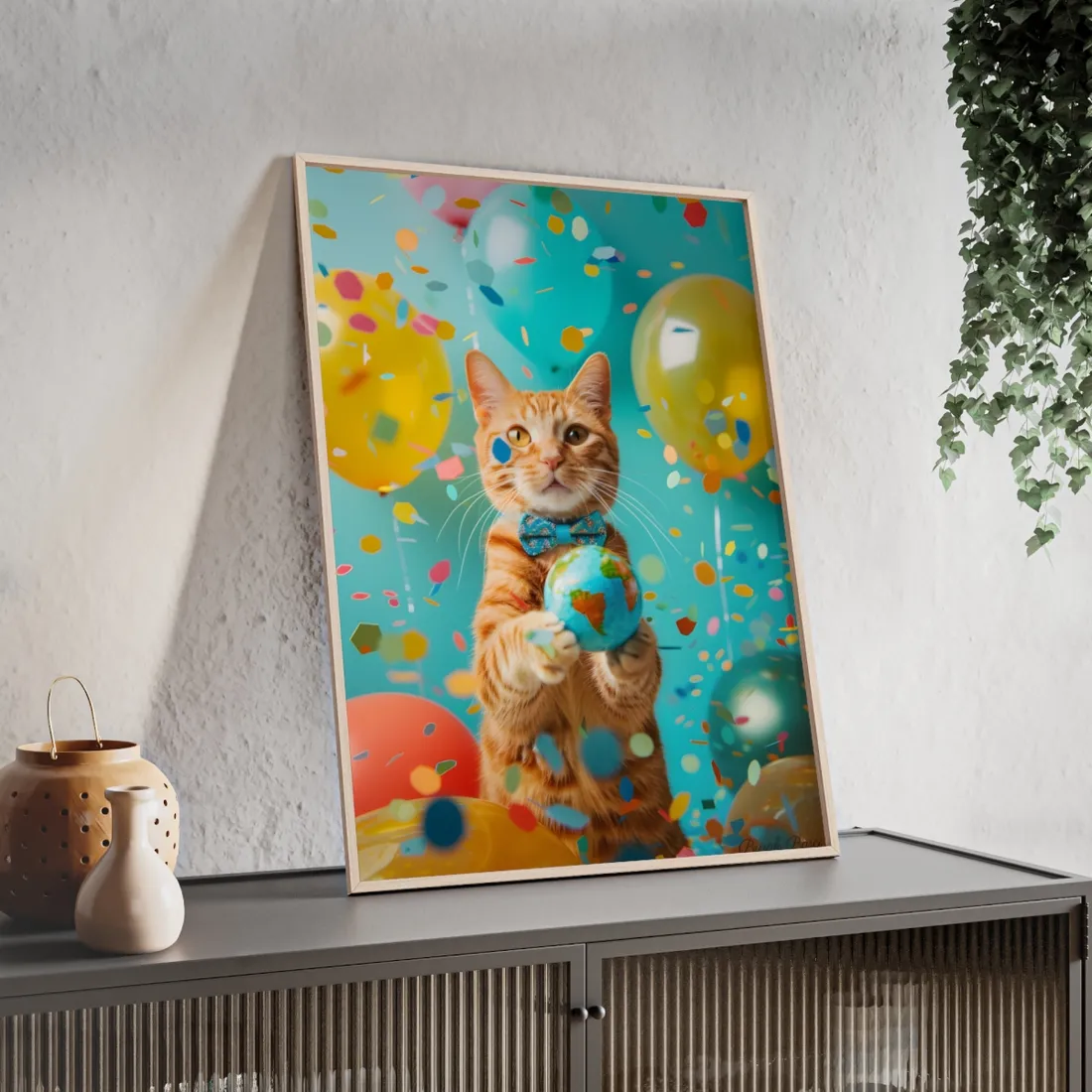 Charming Whiskers: Cat in Bow Tie with Mini Flag - Framed Poster