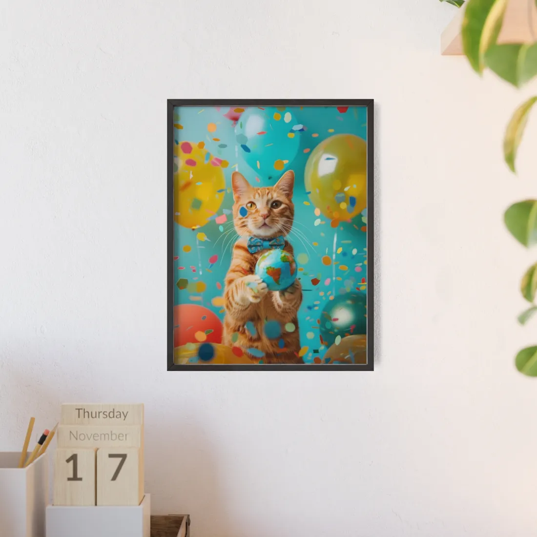 Charming Whiskers: Cat in Bow Tie with Mini Flag - Framed Poster