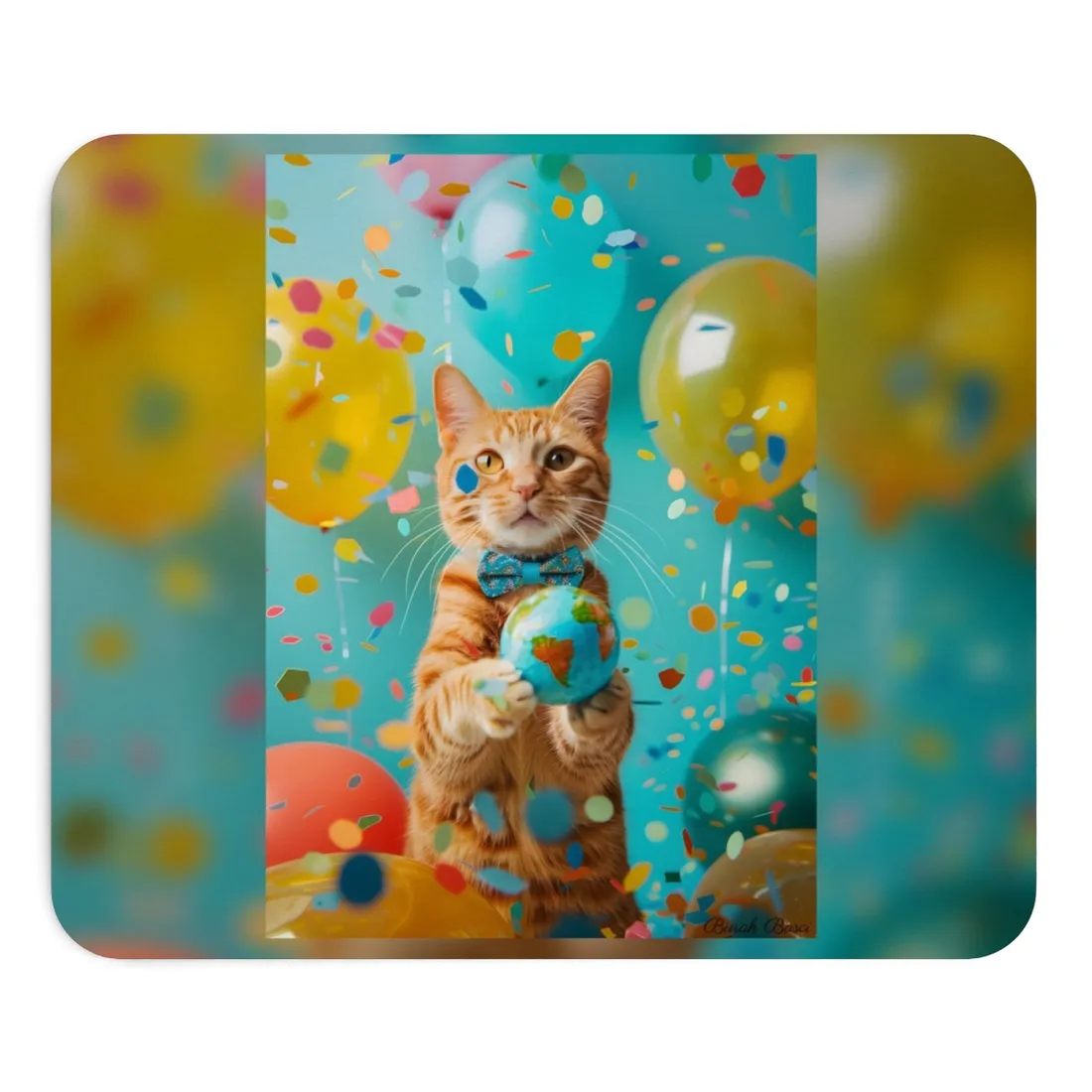 Charming Whiskers: Cat in Bow Tie with Mini Flag - Mouse Pad